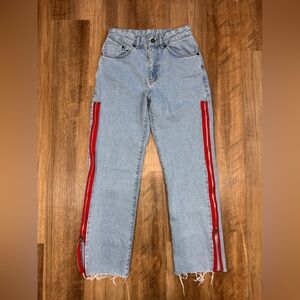 The Ragged Priest Light Wash Blue Jeans with Red Side Zippers, Frayed Ankle, 26